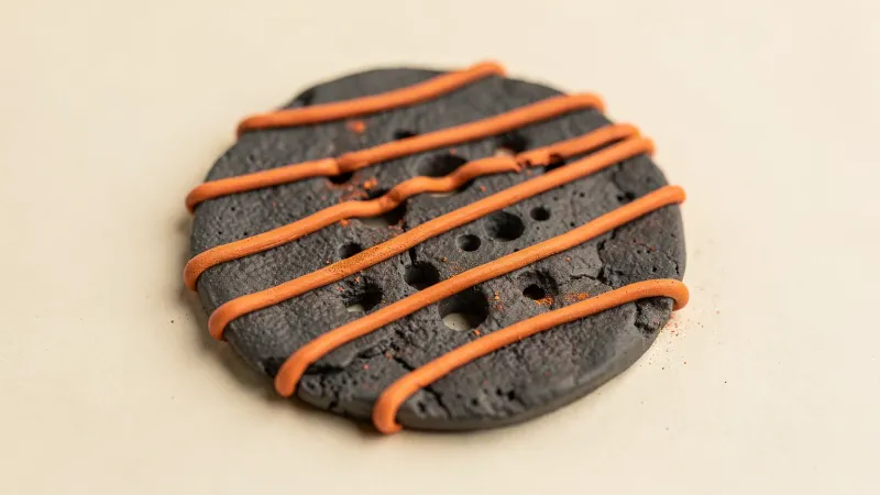 Illustration: a close-up of a graphite printed surface with thin, gappy orange lines and visible holes, macro top view