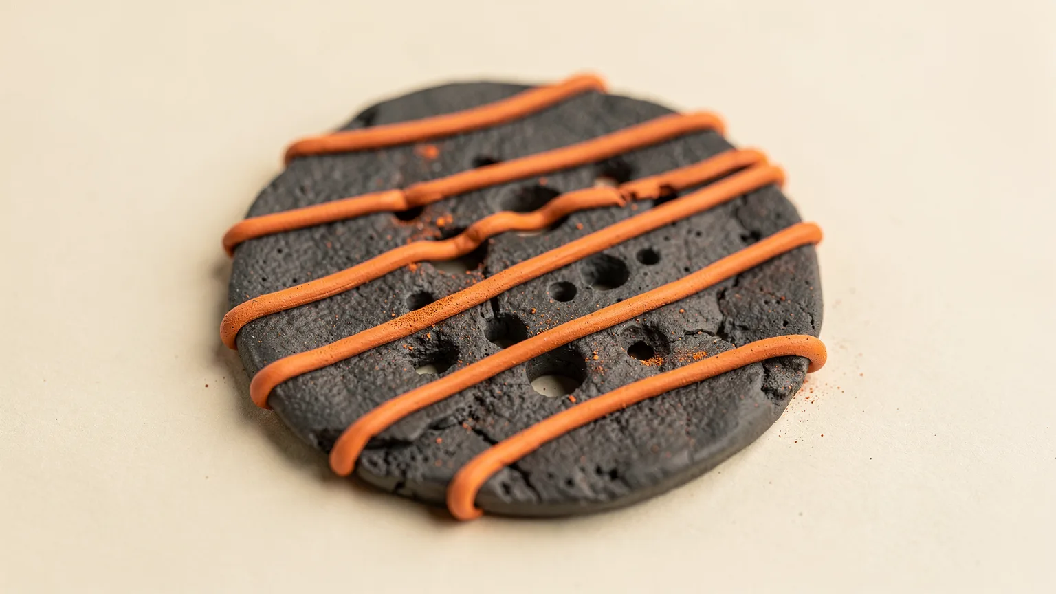 Illustration: a close-up of a graphite printed surface with thin, gappy orange lines showing visible holes between them, macro top view