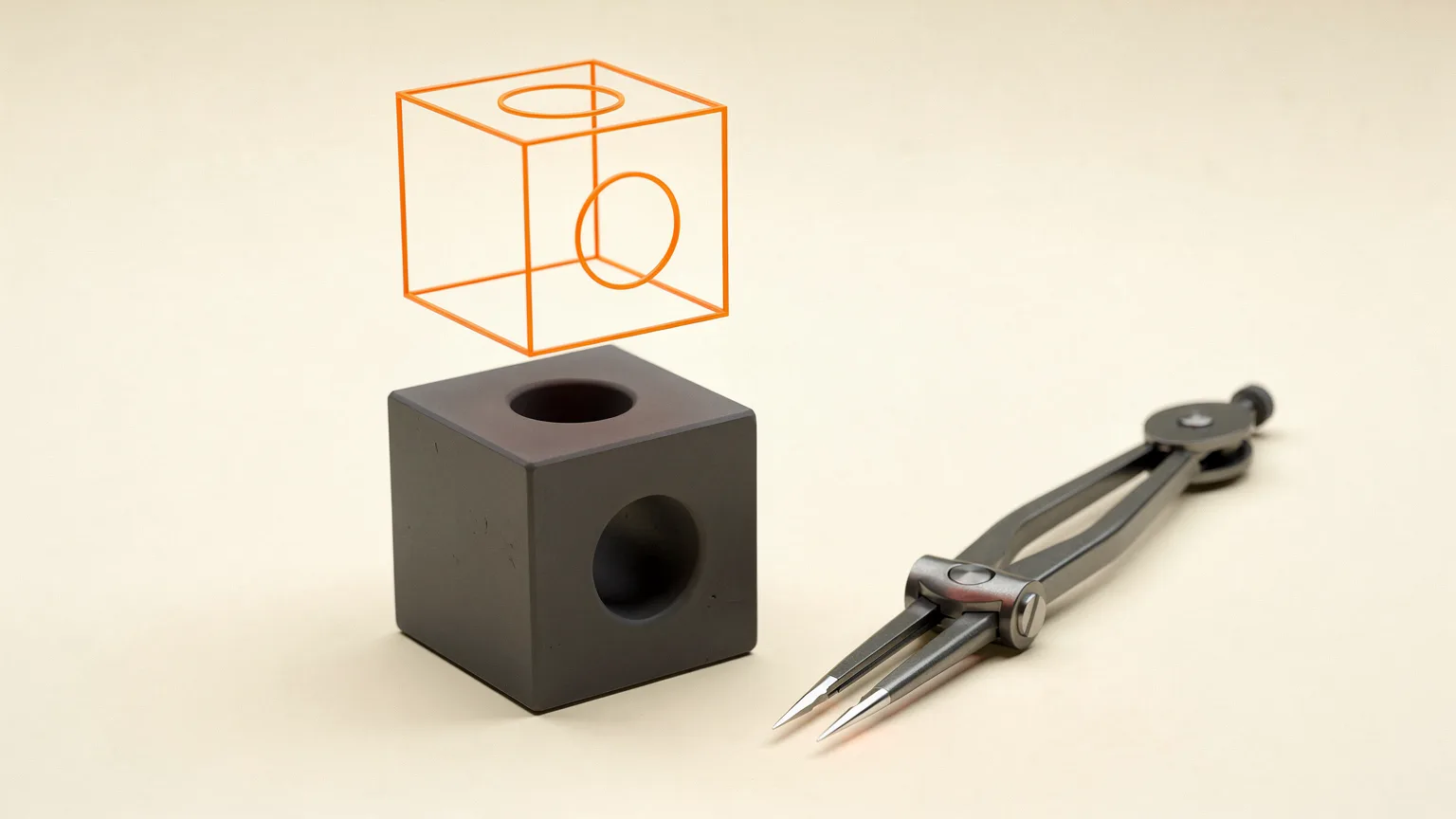 Illustration: a graphite precision cube with a carved circular hole beside a pair of drafting dividers and a simple wireframe outline of the same cube floating above, orange wireframe