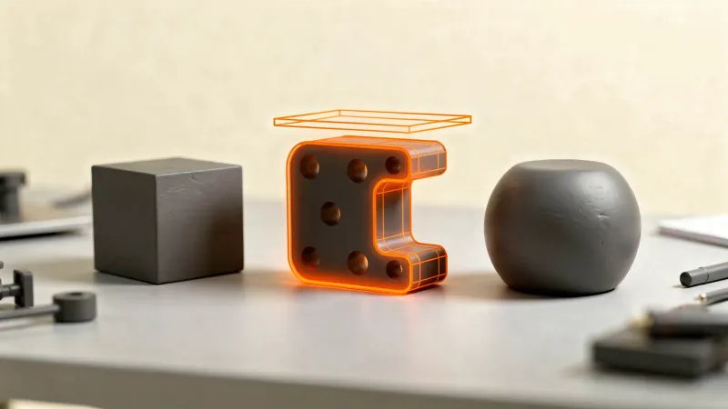 Three plain grey blocks on a workbench, with a glowing orange wireframe outline around a bracket that has holes