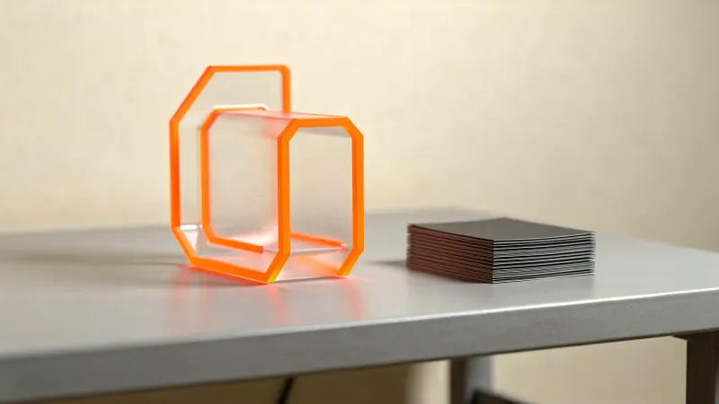 Translucent bracket-shaped solid with a glowing orange outline on a bench beside a stack of dark printed layers