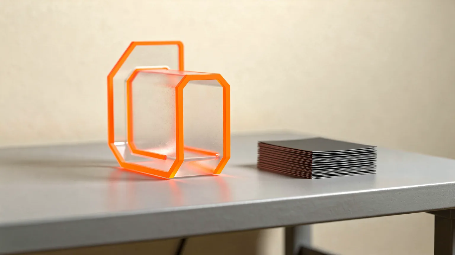 Translucent bracket-shaped solid with a glowing orange outline on a bench beside a stack of dark printed layers