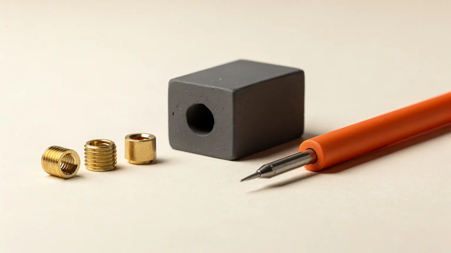 Three brass threaded inserts beside a dark grey block with a round hole and a soldering iron with an orange handle