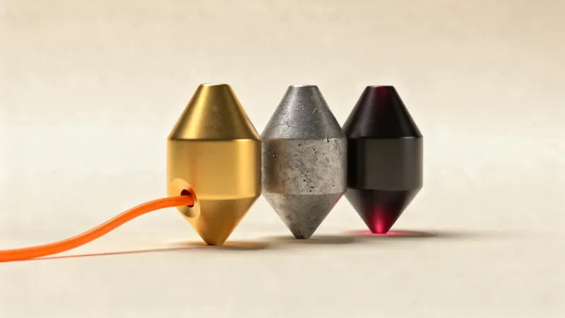 Illustration: three generic nozzles side by side in brass, hardened steel and ruby-tipped finishes, an orange filament thread