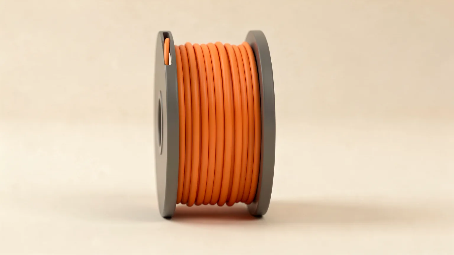 Illustration: a single orange filament spool half used, standing on a clean surface, the remaining filament layers visible from the side