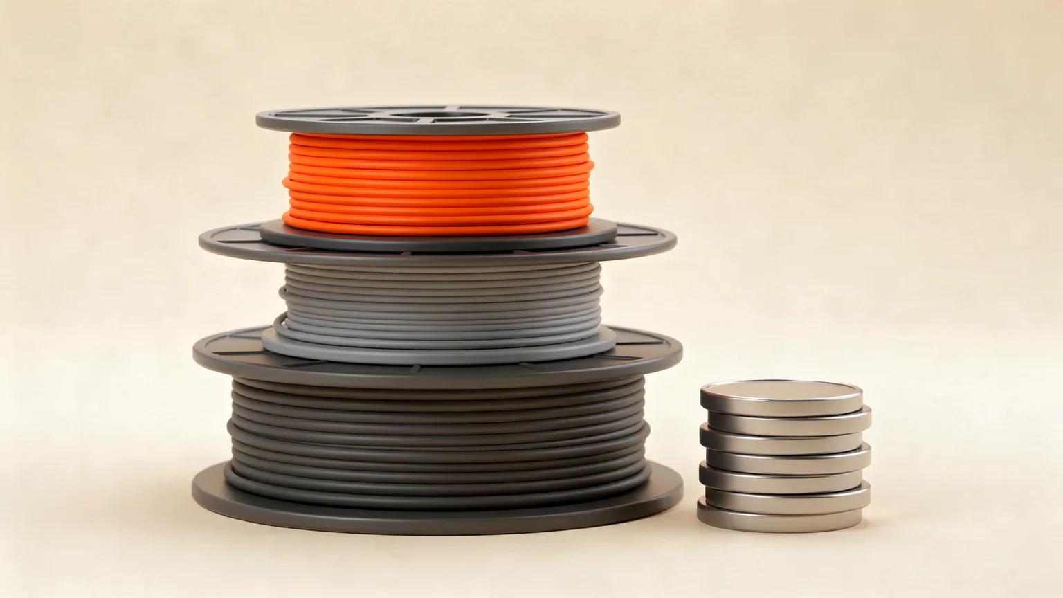 Illustration: a neat stack of three filament spools of different sizes with a single orange spool on top, beside a small unmarked coin stack