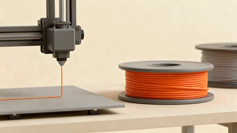 Generic 3D printer nozzle laying an orange filament line on the bed beside a spool of orange filament and a second grey spool