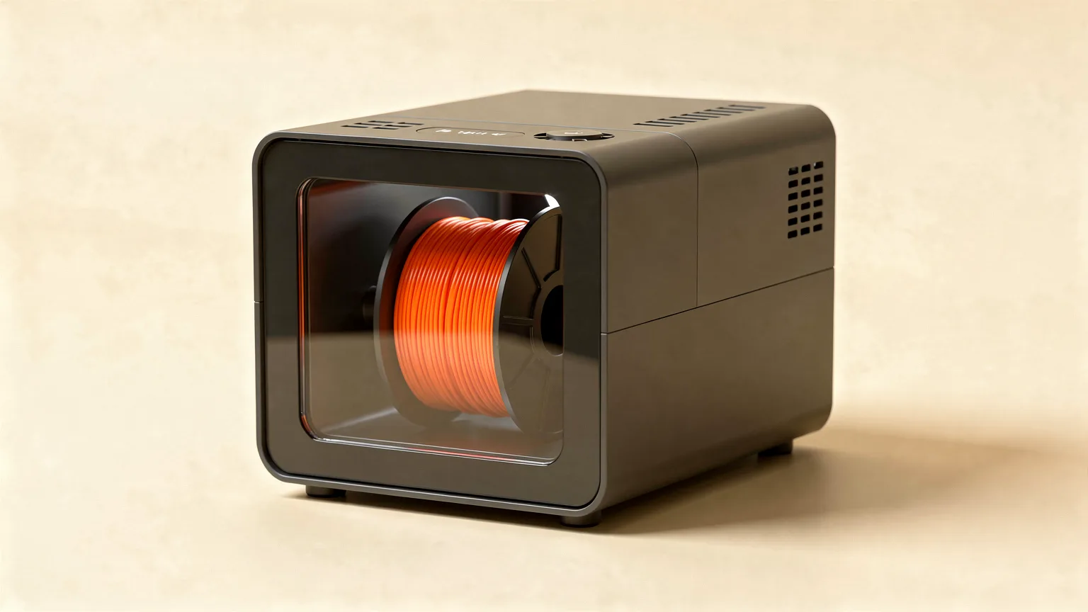 Illustration: a generic boxy filament dryer with a clear window showing an orange spool inside, small vents on top, front three-quarter view