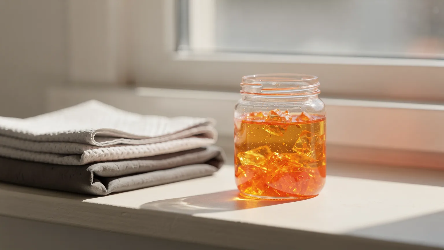 Illustration: a clear jar of orange-tinted resin curing in a sunny window beside folded paper towels