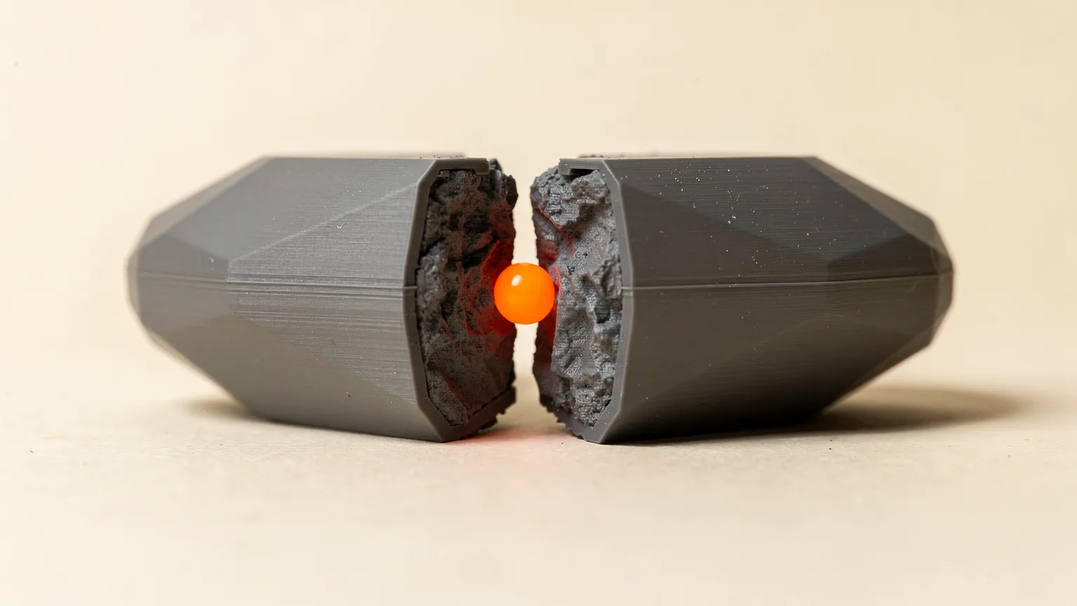 Two grey 3D printed halves with rough mating faces and a single orange bead of adhesive between them