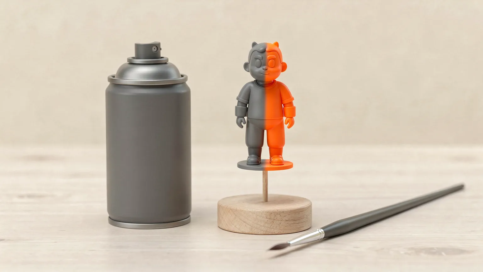 Gray primed figurine half coated in orange paint on a wooden dowel stand next to a spray can and a fine paintbrush