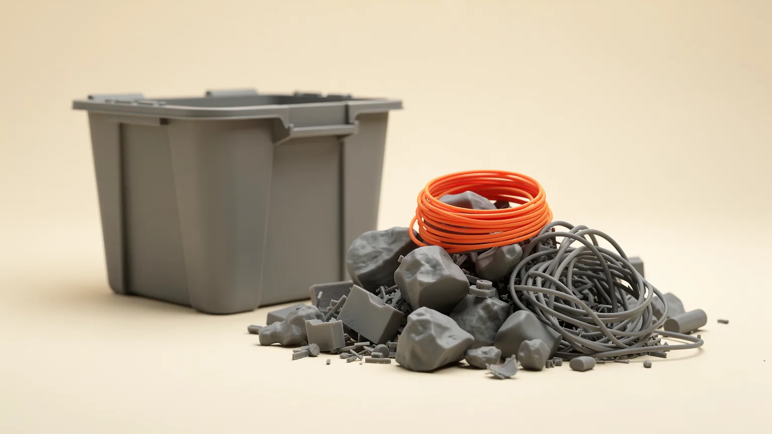 Pile of grey failed print chunks and filament offcuts beside a plastic bin with one orange filament coil on top