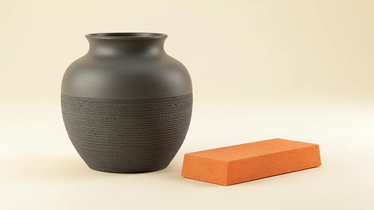 Charcoal vase with ridged layer lines on its lower half and a smooth sanded upper half beside an orange sanding block