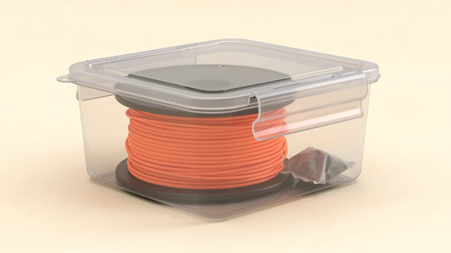 Illustration: a clear airtight storage box holding a spool of orange filament with a small silica gel pouch beside it, lid slightly ajar