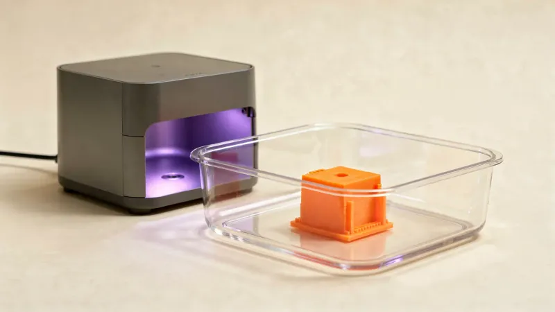 Illustration: a translucent orange resin-printed part in a clear wash tub beside a compact UV curing station, violet glow