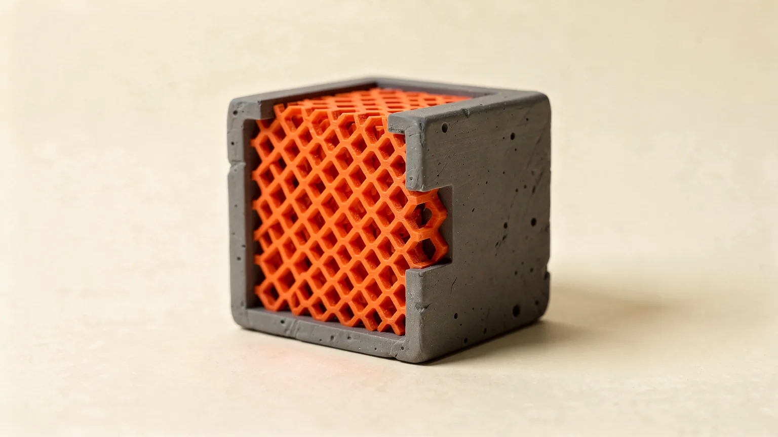Illustration: a cross-section cutaway of a small printed cube showing a honeycomb infill pattern inside, with the honeycomb walls in orange