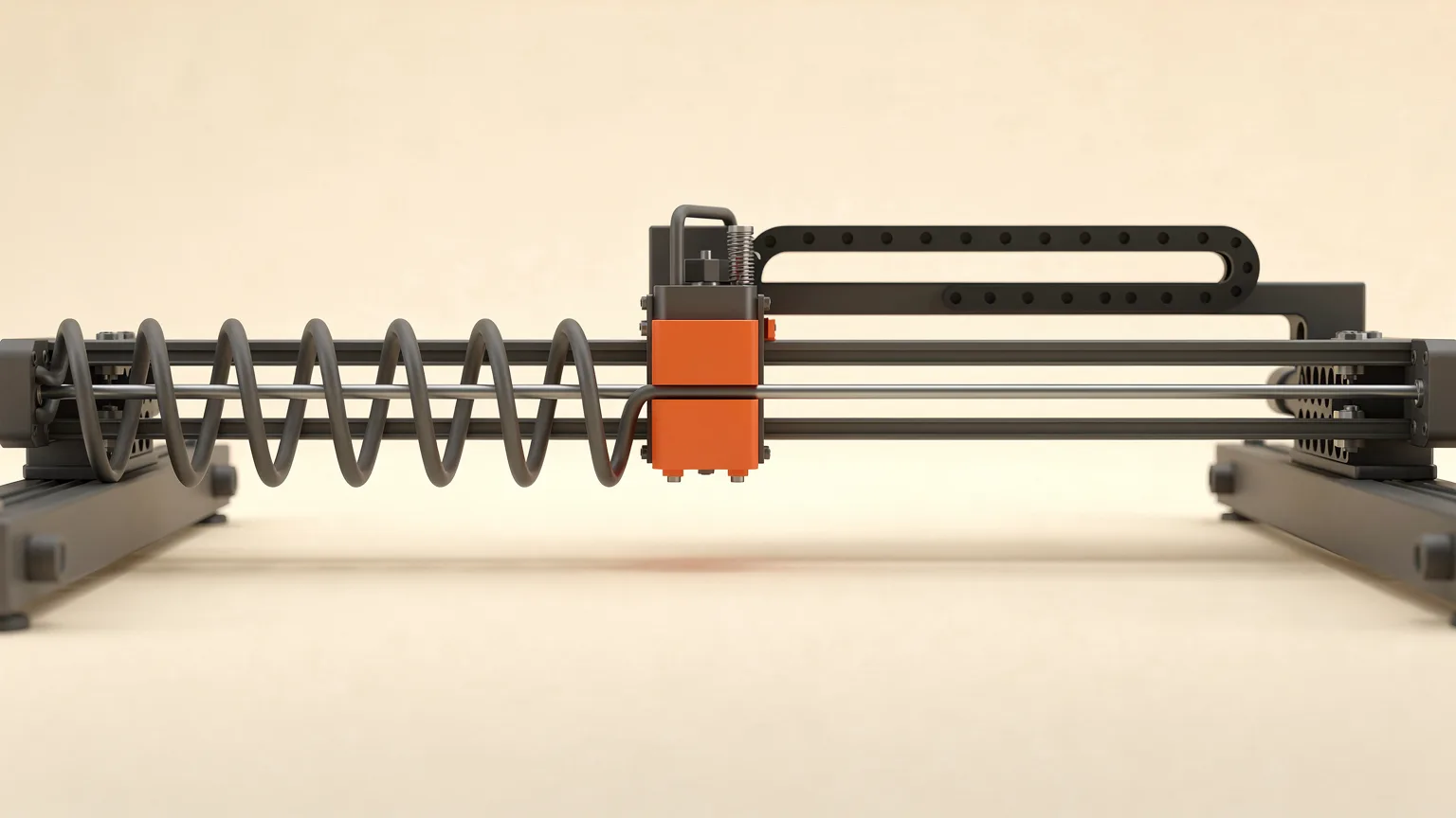 Abstract printer gantry with an orange toolhead and a coiled spring on the left side flattening into a straight rod, picturing vibration being cancelled