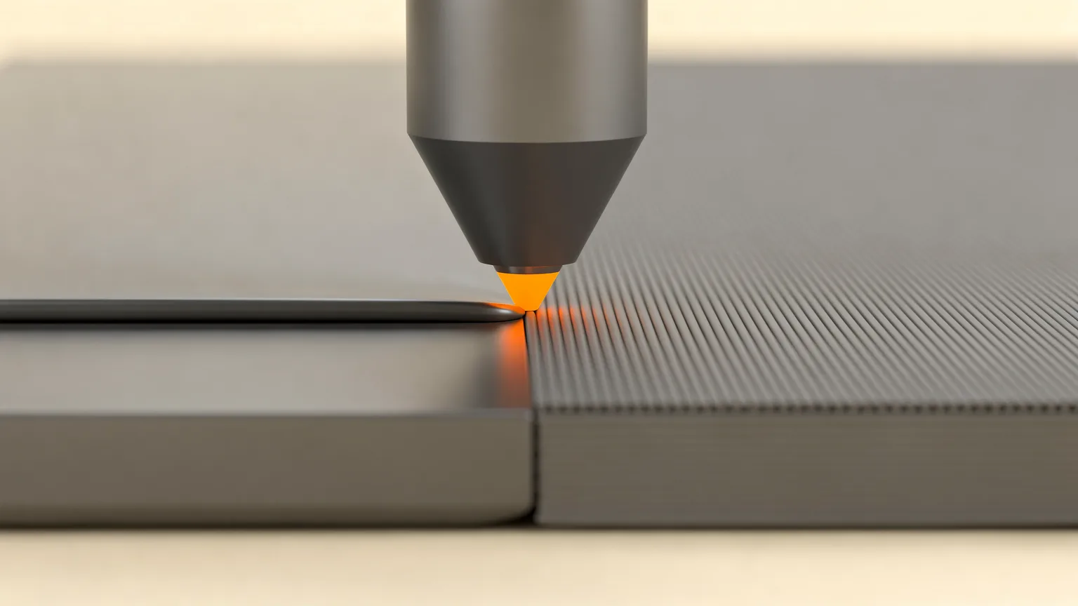Close-up of a generic nozzle tip with an orange glow gliding over a printed top surface, smooth on one side and fine layer lines on the other