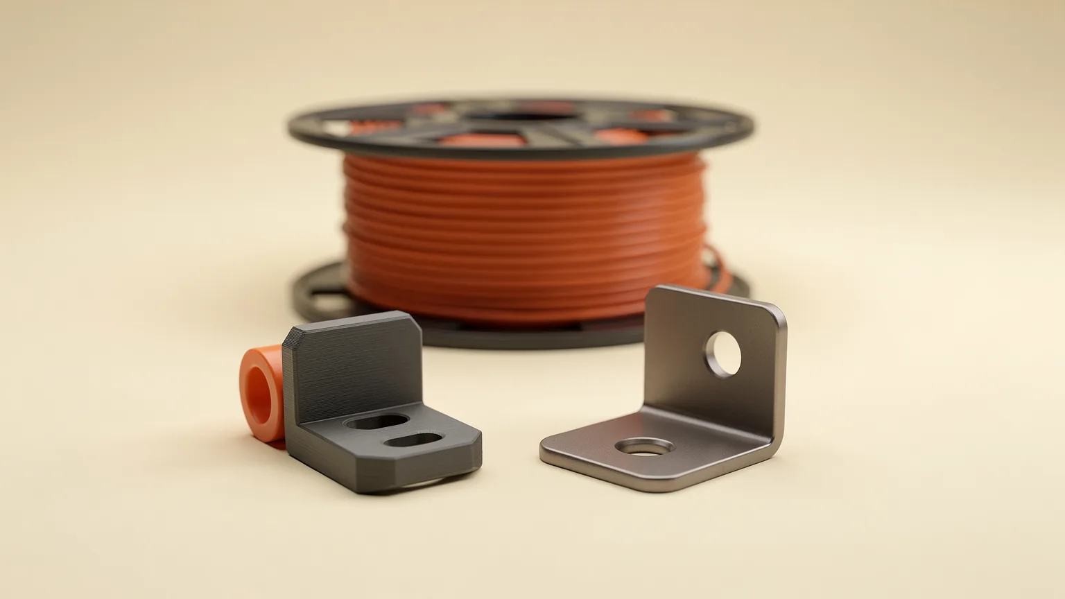 Illustration: a printed plastic bracket beside a metal shop-bought bracket with a filament spool behind them