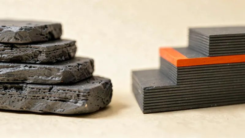 Illustration: two small printed stair-step shapes side by side, one with thick coarse layers, one with fine layers in orange