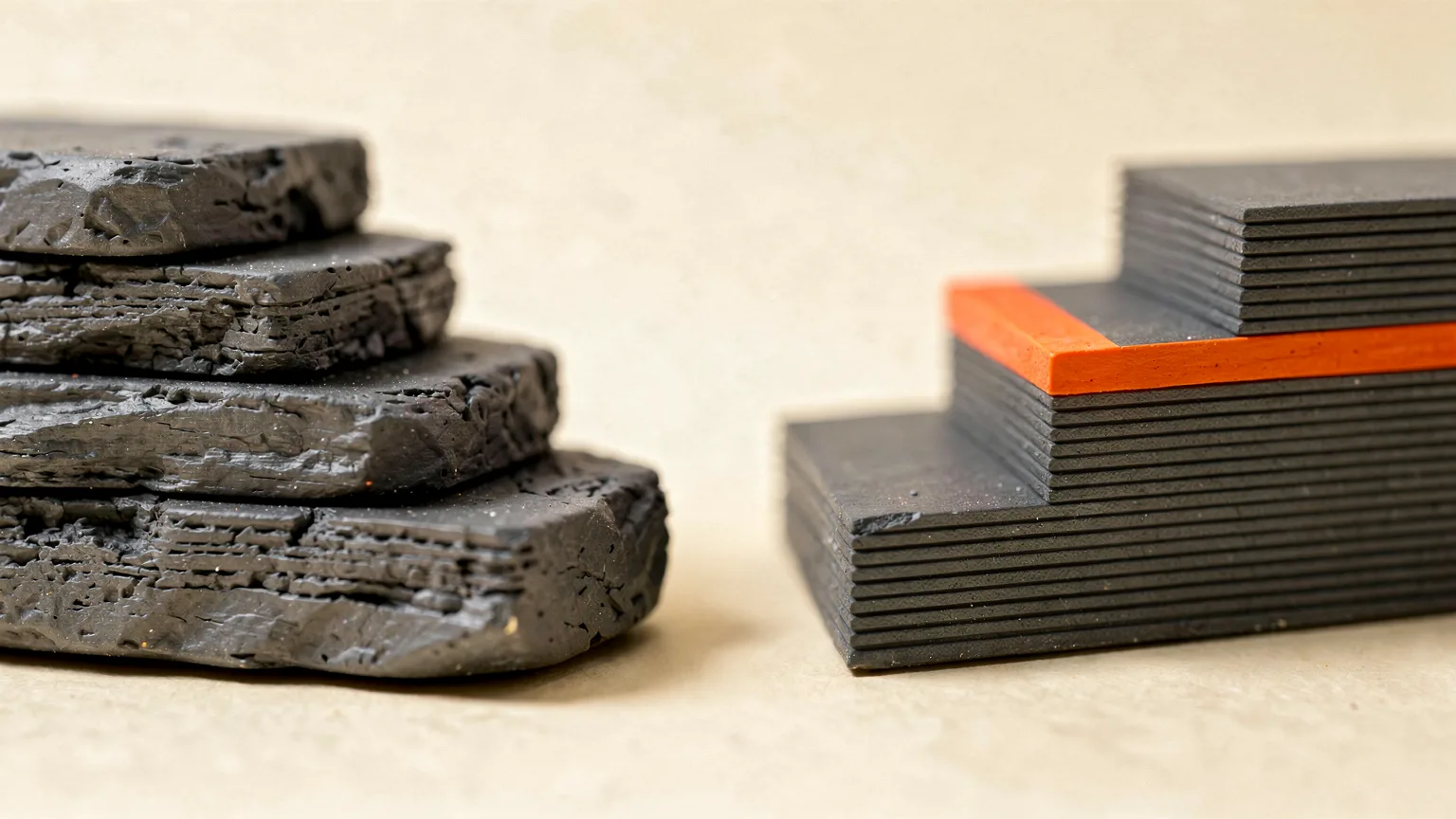 Illustration: two small printed stair-step shapes side by side, one with thick coarse layers and one with fine layers, macro side view, orange on the finer one