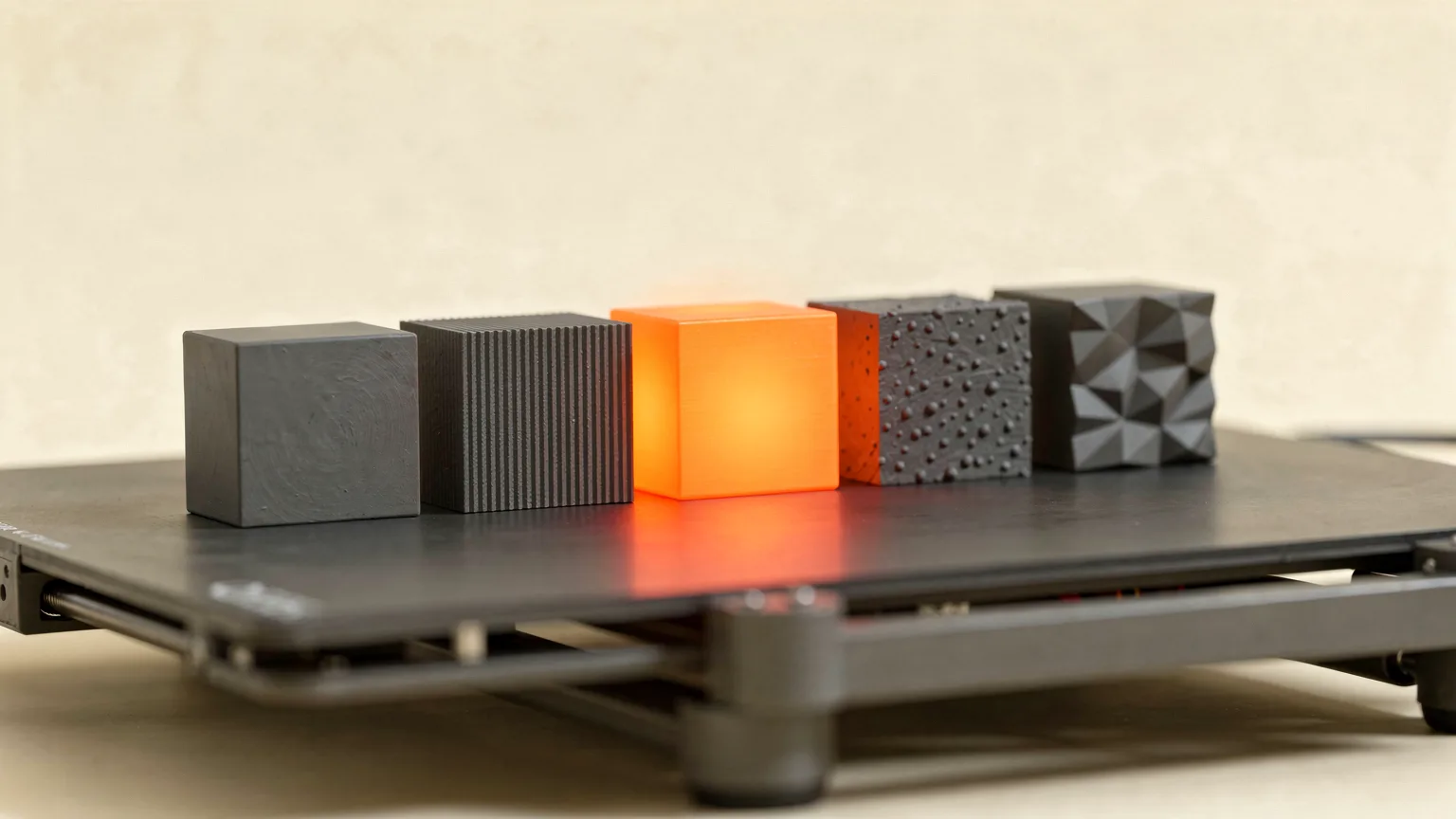 Five square 3D printed test blocks with different surface textures on a print bed, one glowing orange