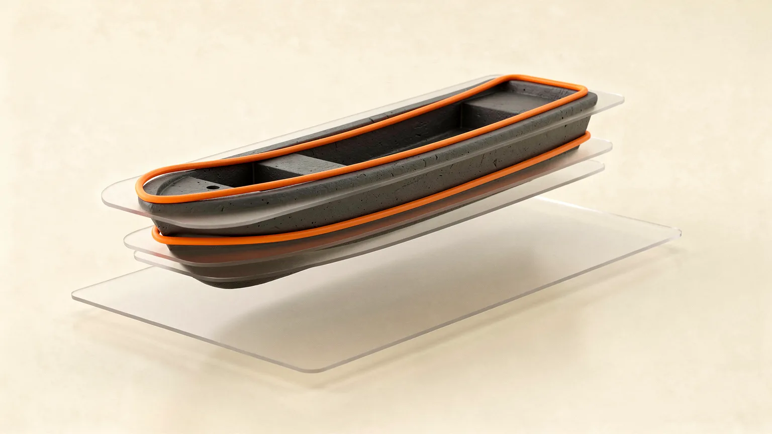 Illustration: a graphite model of a small boat hull floating above a plane, partly sliced into translucent layers with a single orange toolpath loop