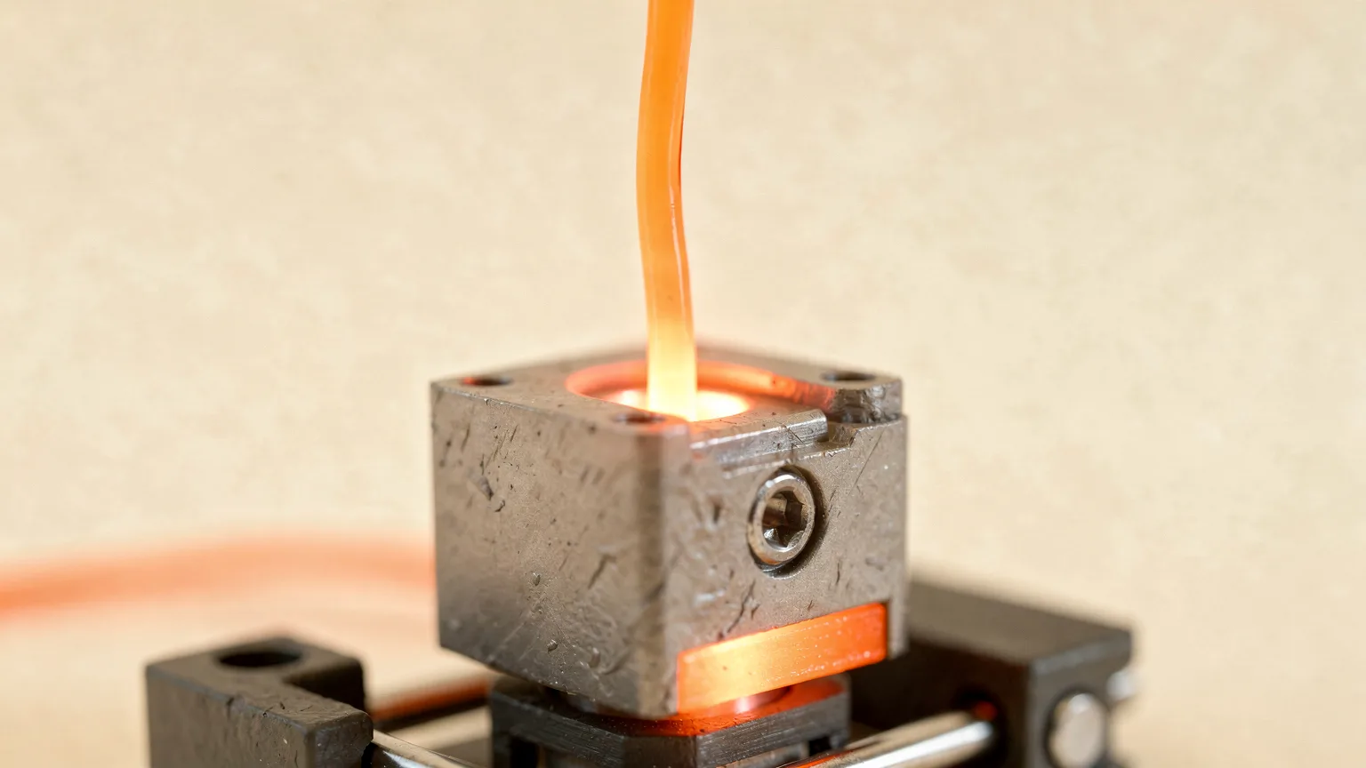Illustration: a generic printer hotend block glowing faintly orange with a short strand of translucent orange filament entering from above, macro view