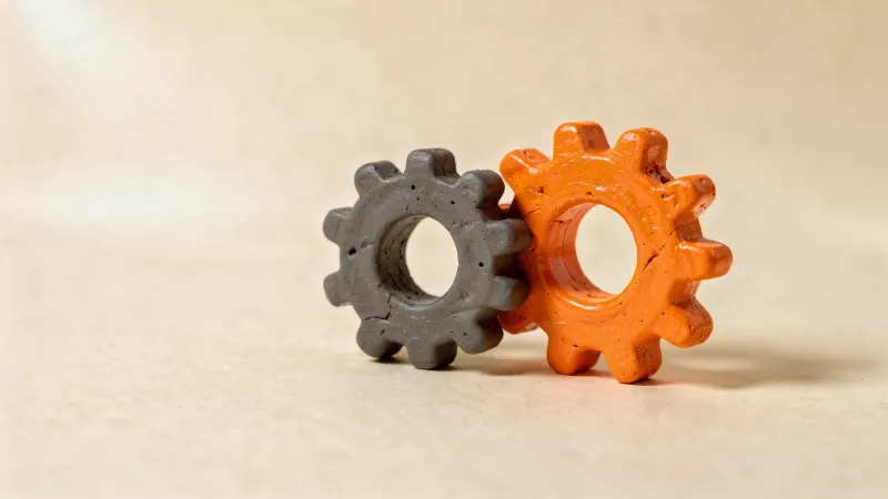 Illustration: two small matching printed gears, one plain graphite and one with a glossy orange finish, on a cream surface