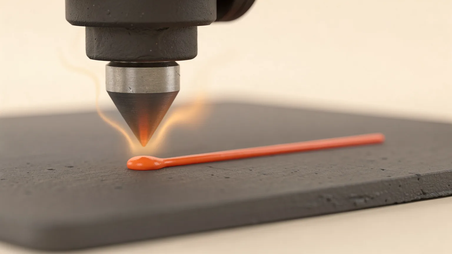 Illustration: a close-up of a generic nozzle laying a thin orange bead on a graphite print bed, with a faint warm heat shimmer above the nozzle
