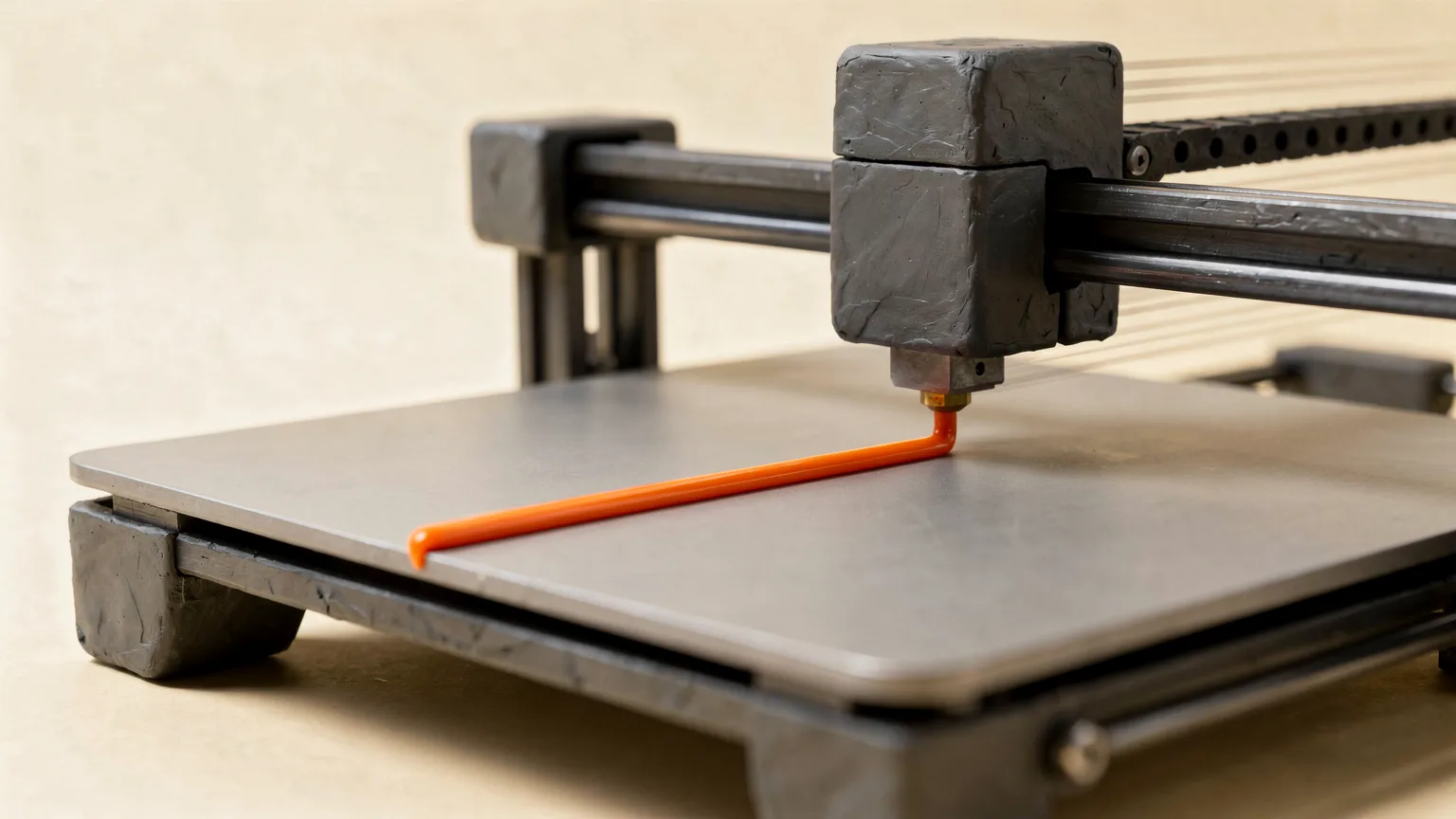 Illustration: a generic print head leaving a faint motion blur trail as it moves across a bed, with a crisp orange line of filament behind it