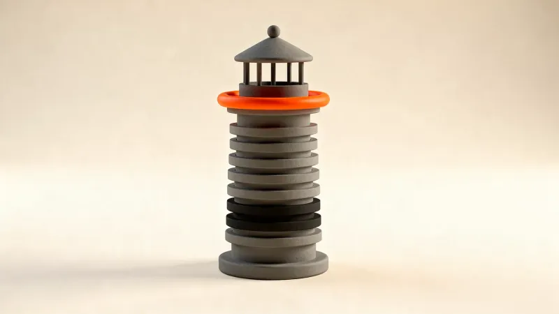 Illustration: a graphite model of a small lighthouse tower partly sliced into thin layers, an orange toolpath ring on top