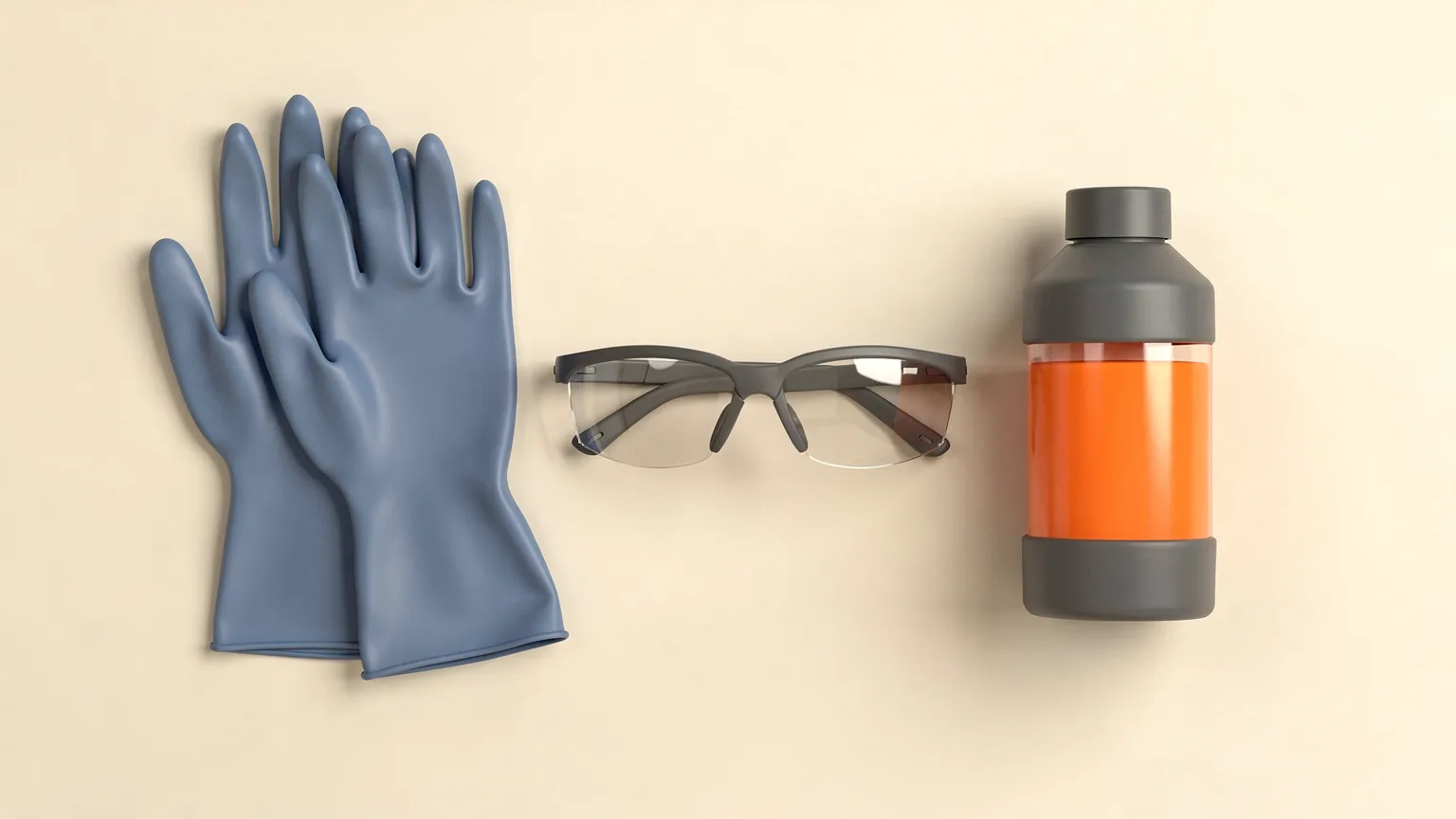 Illustration: a pair of plain blue nitrile gloves and safety glasses laid beside a closed resin bottle with an orange-tinted liquid inside, flat-lay