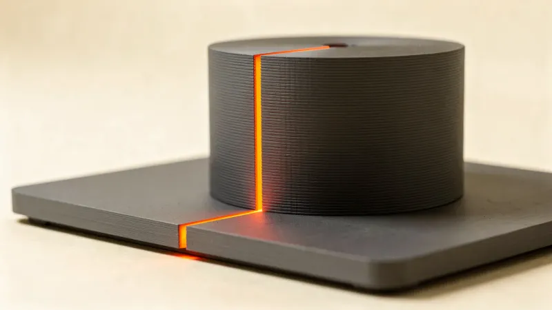 A dark gray printed cylinder on a flat plate with one glowing orange vertical line marking where each layer starts and ends