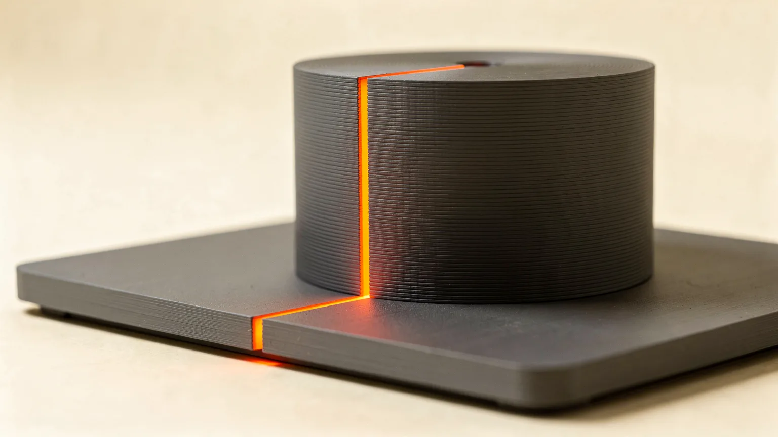 A dark gray printed cylinder on a flat plate with one glowing orange vertical line marking where each layer starts and ends