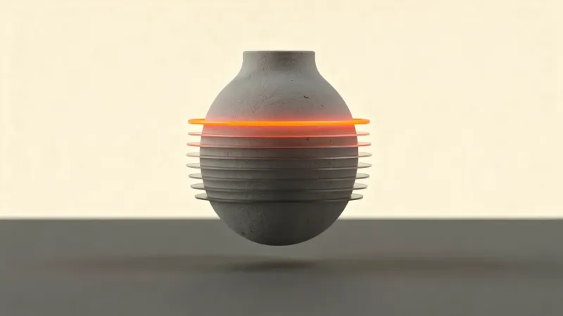 Illustration of a grey vase-shaped model floating above a surface, partly sliced into layers with an orange toolpath line