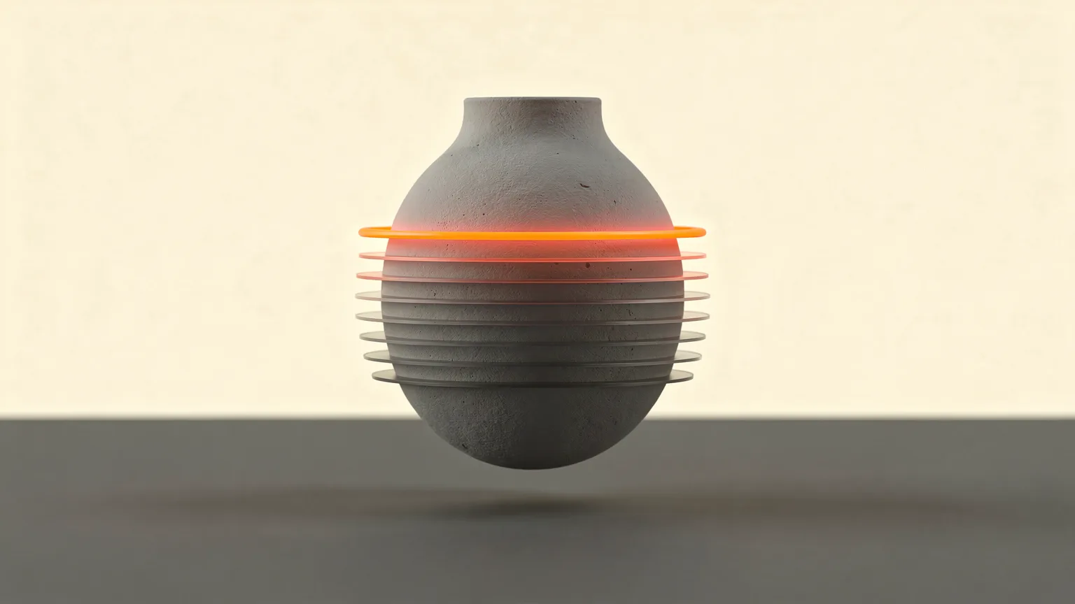 Illustration of a grey vase-shaped model floating above a surface, partly sliced into thin translucent layers with a glowing orange toolpath line