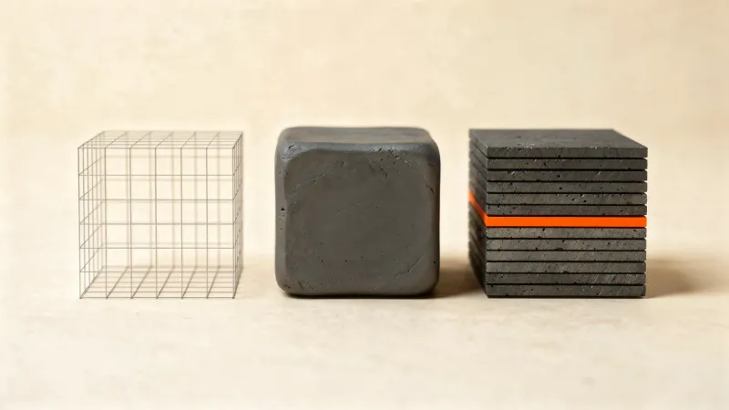 Illustration: three graphite blocks in a row for three file stages: a wireframe mesh cube, a solid cube and a sliced cube