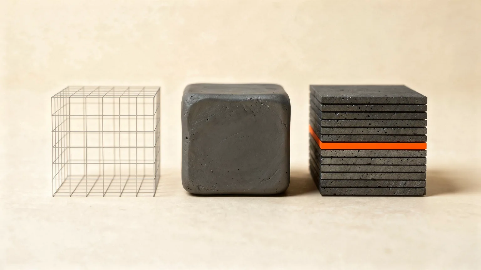 Illustration: three plain graphite blocks of different shapes in a row suggesting three file stages: a wireframe mesh cube, a solid cube, and a cube sliced into layers with an orange line