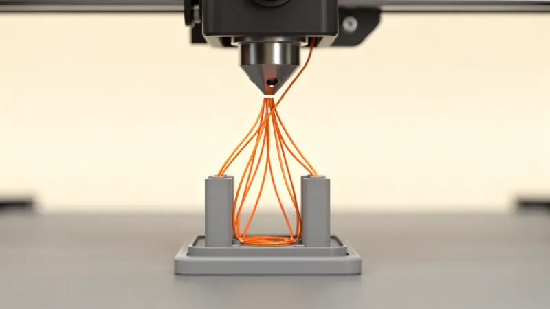 Illustration of a 3D printer nozzle with orange filament strands stretched between two small grey towers above a print base