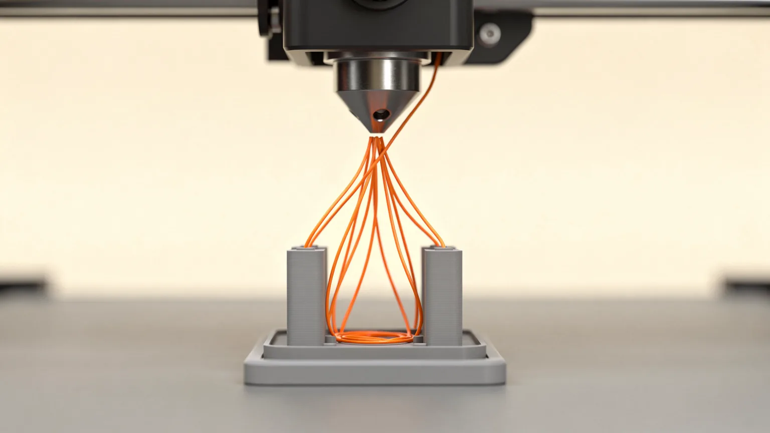 Illustration of a 3D printer nozzle with orange filament strands stretched between two small grey towers above a print base