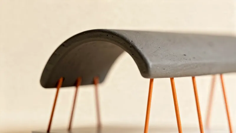 Illustration: a small graphite overhanging arch printed with thin orange support struts underneath holding it up, macro view
