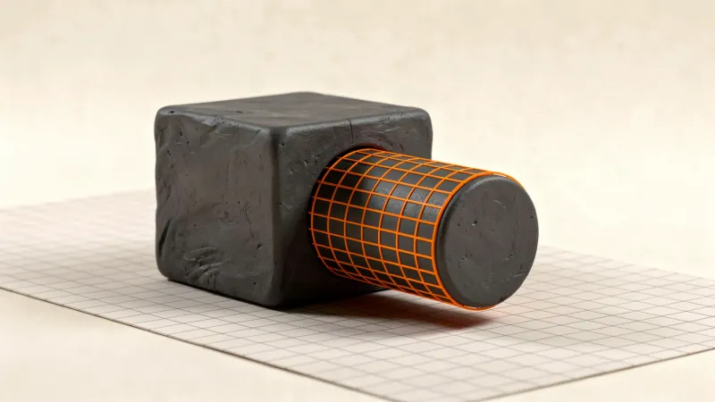 Illustration: a graphite cube and cylinder on a flat grid-like plane, the cylinder partly sunk in the cube, orange wireframe