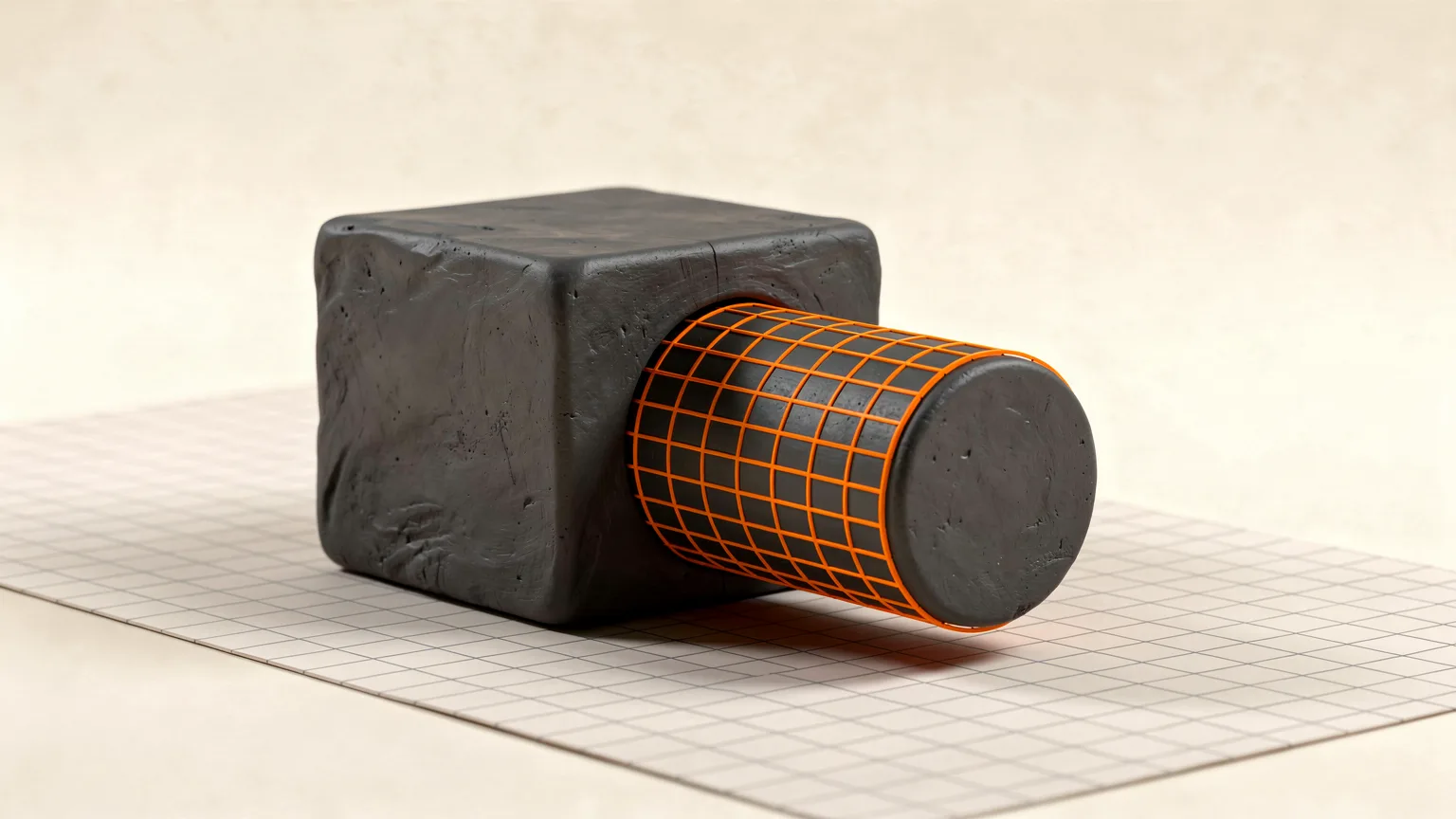 Illustration: a simple graphite cube and cylinder on a flat grid-like plane, with the cylinder partly sunk into the cube, orange wireframe on the cylinder