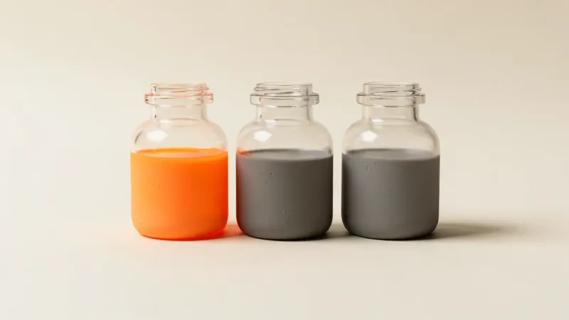Illustration: four small clear unlabelled bottles in a row, each with a different tint of resin including a vivid orange