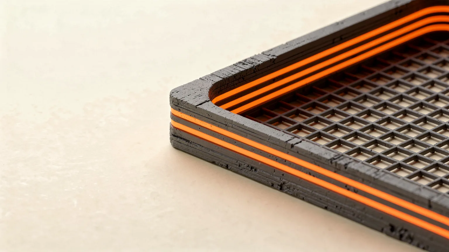 Cutaway corner of a charcoal 3D printed part showing concentric orange wall lines around a sparse grid interior