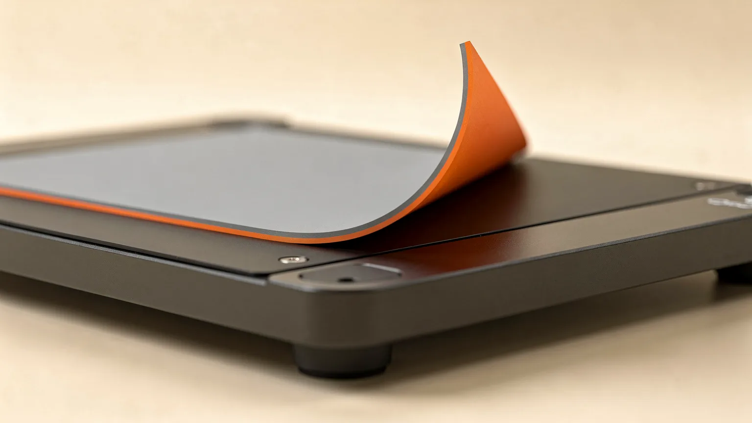 Illustration of a flat grey print on a printer bed with one corner curling upward, showing an orange layer along the lifted edge
