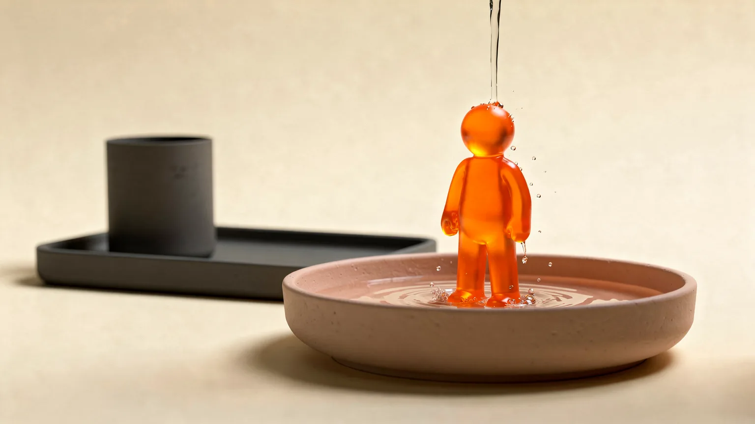 Illustration: a translucent orange resin figure being rinsed under a thin stream of water in a shallow basin