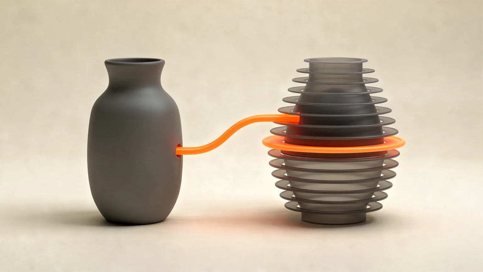 Illustration: a smooth graphite model of a vase on one side and the same vase as stacked thin translucent layers on the other, with an orange toolpath line between them