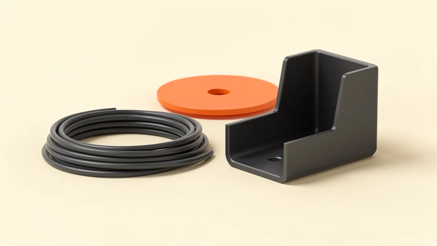 Charcoal printed bracket beside a coil of dark grey filament and an orange spool end on a cream background